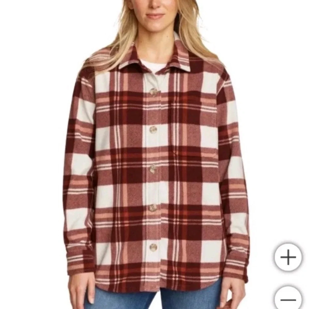 Eddie Bauer Women's Micro Fleece Flannel Plaid Shirt,‎ Button Up, Shacket, L